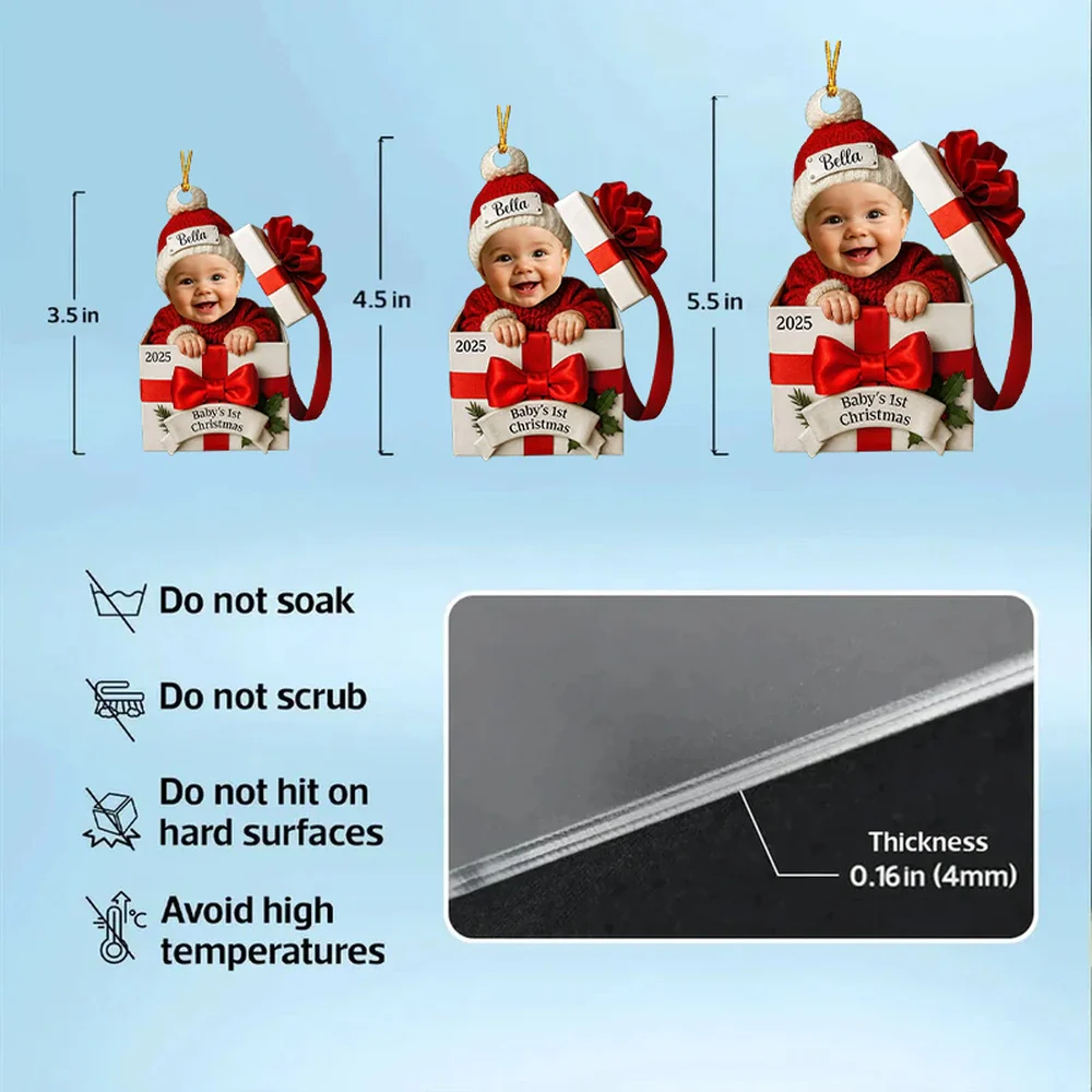Baby's First Christmas Acrylic Ornament with Custom Photo – Adorable Gift Box Design for New Parents, Unique Personalized Holiday Gift - Image 4