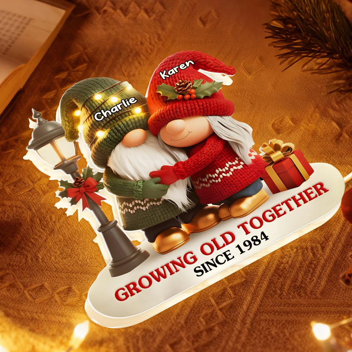 Custom Acrylic Light Box with Hugging Holiday Gnomes, Warm Glow Bedroom Lamp and Keepsake Gift for Partner - Image 4