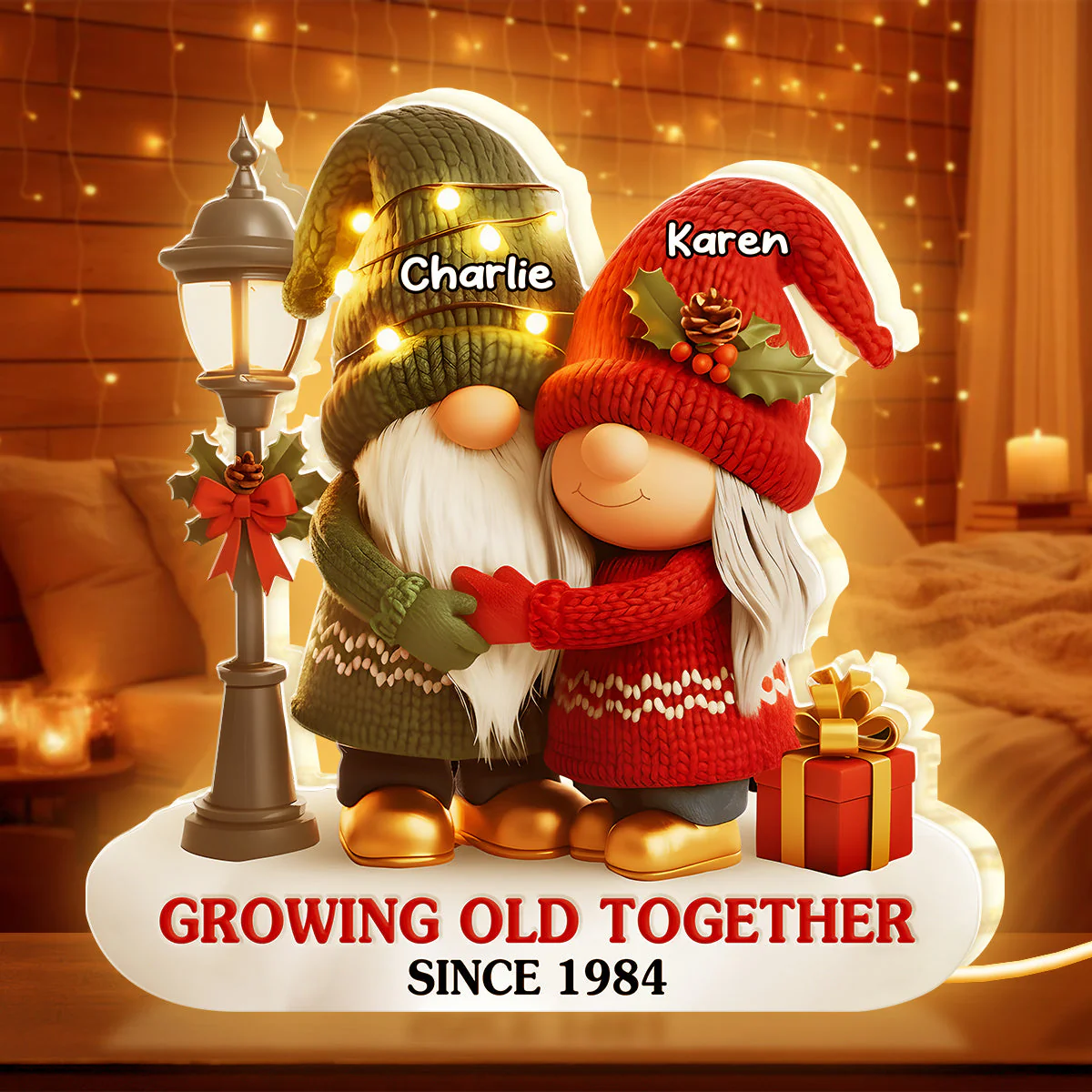 Custom Acrylic Light Box with Hugging Holiday Gnomes, Warm Glow Bedroom Lamp and Keepsake Gift for Partner - Image 5
