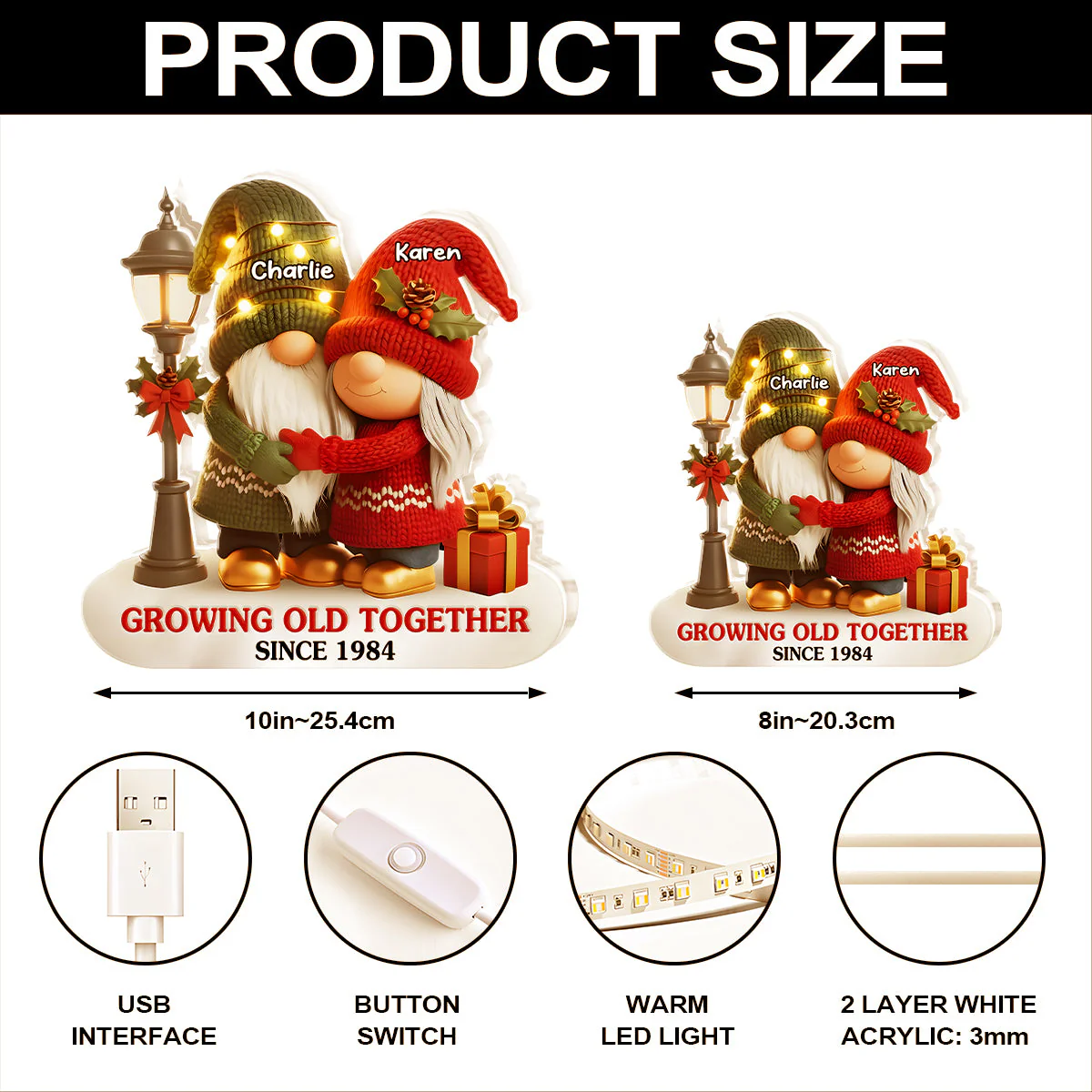 Custom Acrylic Light Box with Hugging Holiday Gnomes, Warm Glow Bedroom Lamp and Keepsake Gift for Partner - Image 6