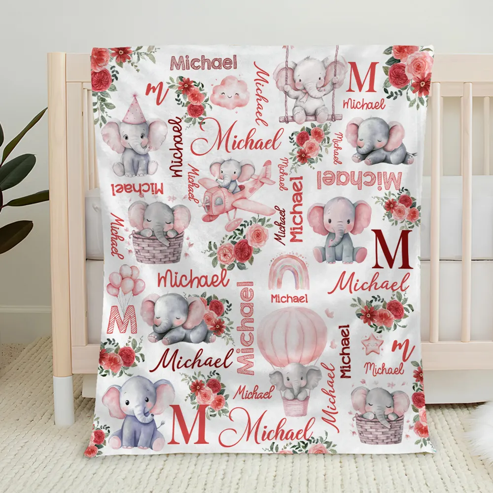 Custom Name Baby Fleece Blanket with Cute Pink Elephant Illustrations, Lightweight Cozy Throw, Adorable Personalized Gift - Image 10