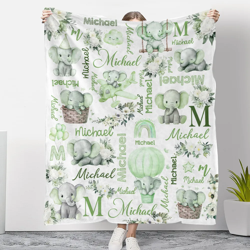 Custom Name Baby Fleece Blanket with Cute Pink Elephant Illustrations, Lightweight Cozy Throw, Adorable Personalized Gift - Image 9
