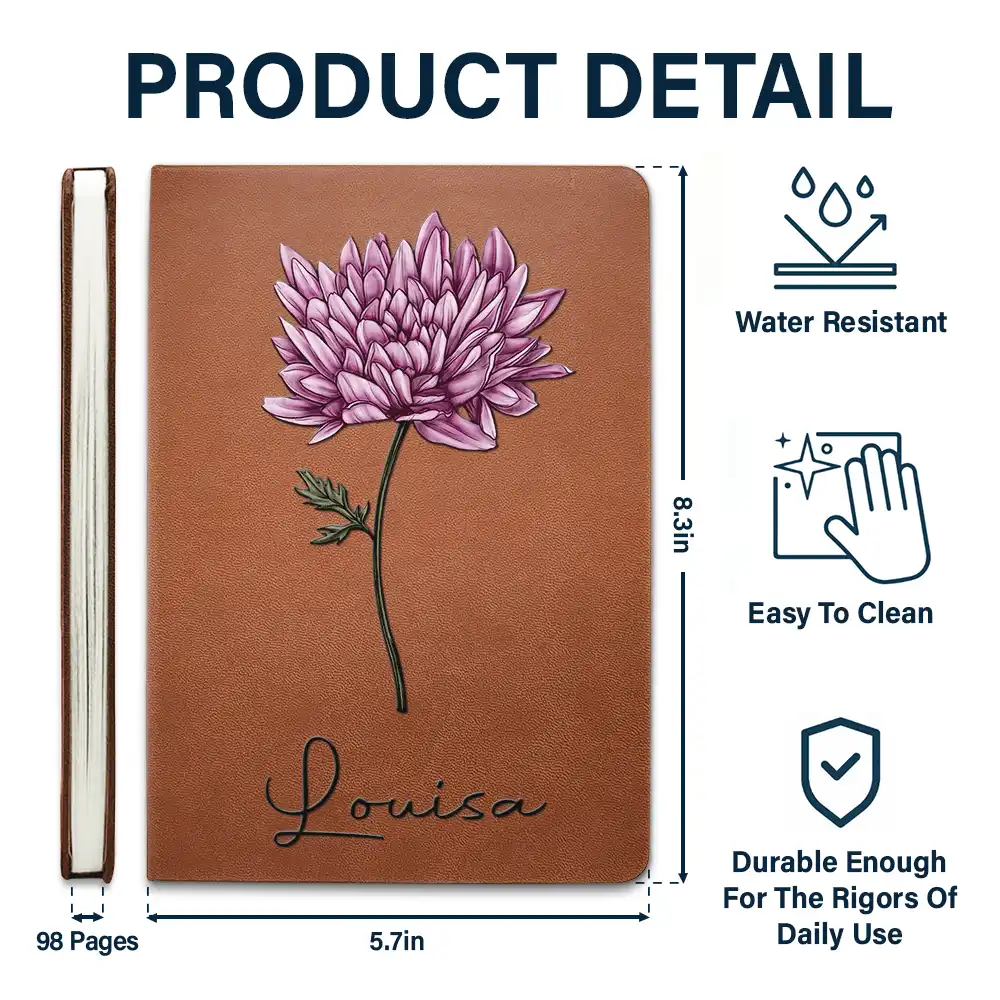 Personalized Leather Journal with Birth Month Flower Art, Custom Name Keepsake Notebook, Unique Gift for Her - Image 4