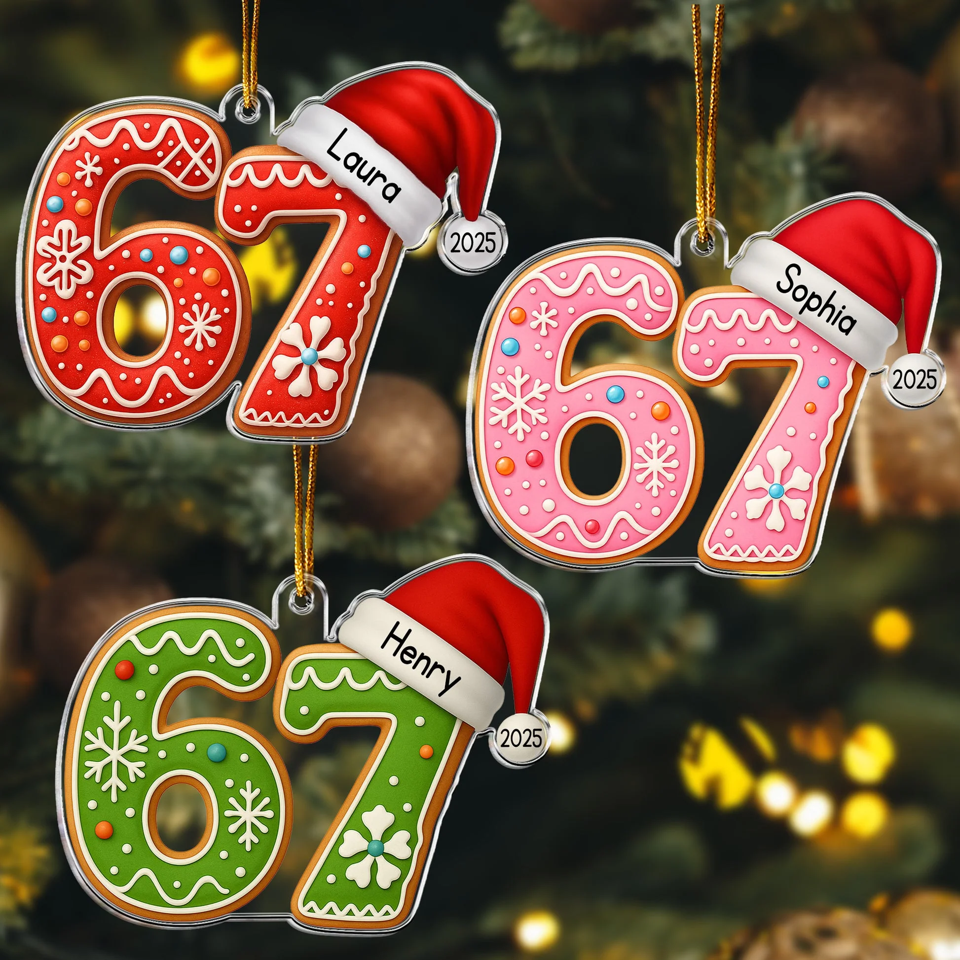 Custom 6 7 Acrylic Ornament with Santa Hat, Fun Gen Alpha Meme Tree Decor for Children & Families, Festive Personalized Gift
