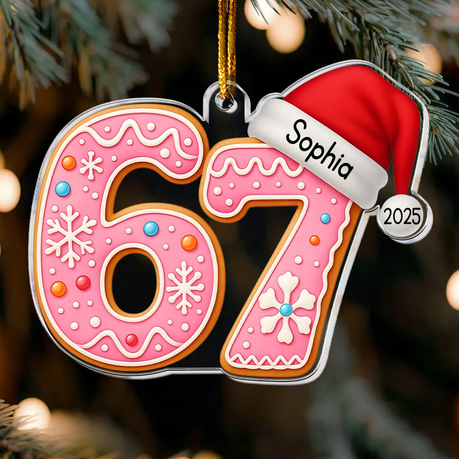 Custom 6 7 Acrylic Ornament with Santa Hat, Fun Gen Alpha Meme Tree Decor for Children & Families, Festive Personalized Gift - Image 2