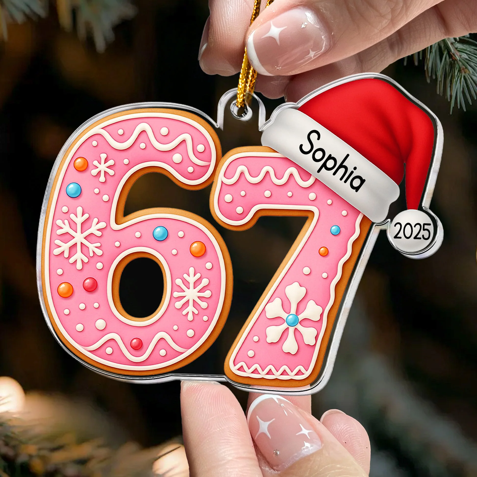 Custom 6 7 Acrylic Ornament with Santa Hat, Fun Gen Alpha Meme Tree Decor for Children & Families, Festive Personalized Gift - Image 3