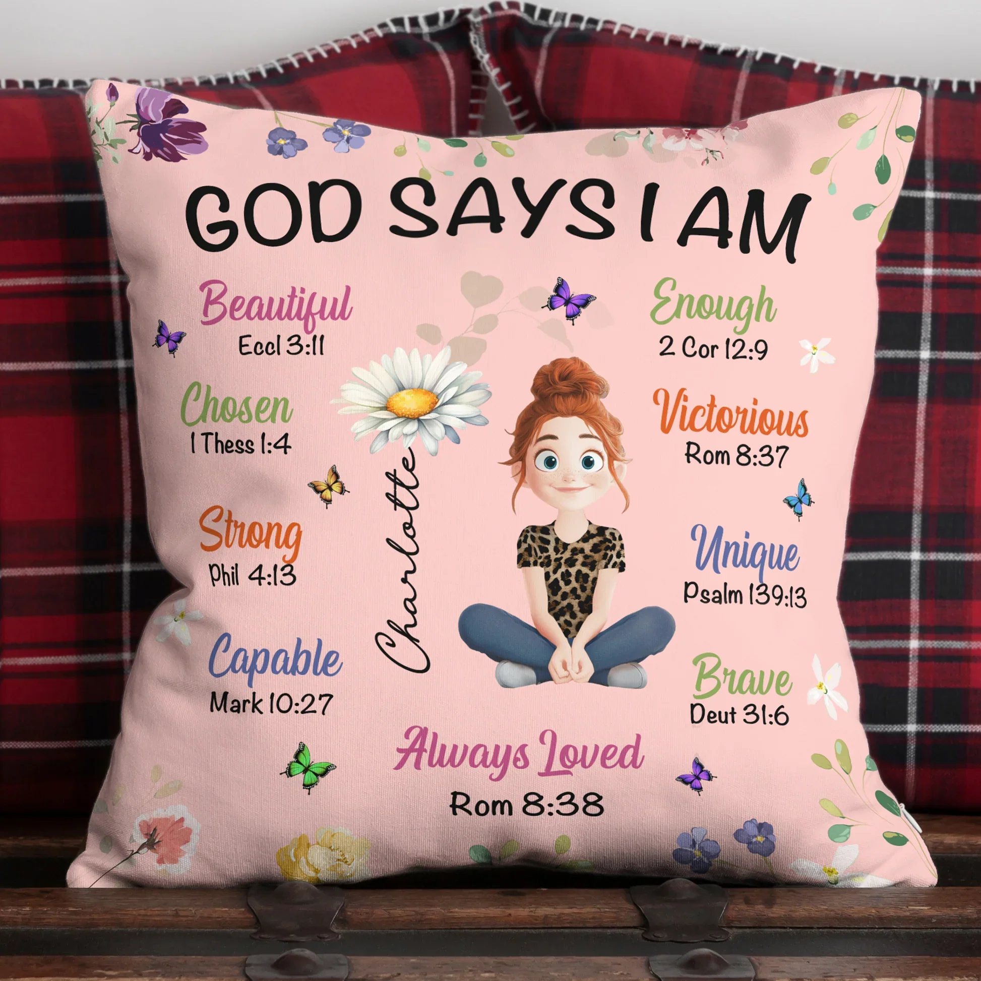 Personalized Square Pillow with Cute Cartoon Girl & Bible Affirmations, Unique Christian Gift for Girls, Cozy Room Decor Accent - Image 3
