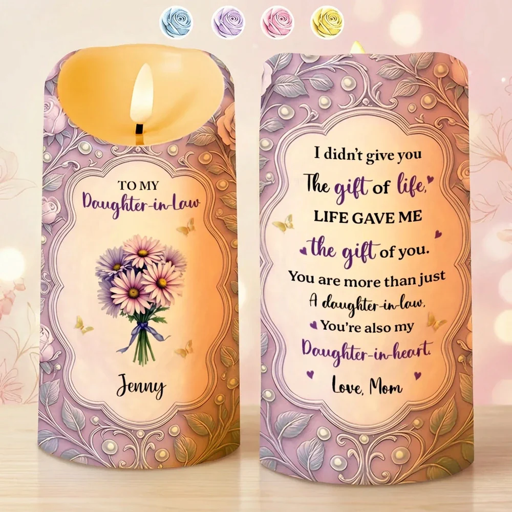 Personalized Flameless LED Candle for Daughter-in-Law, Custom Message & Flowers, Warm Glow Sentimental Gift from Mom