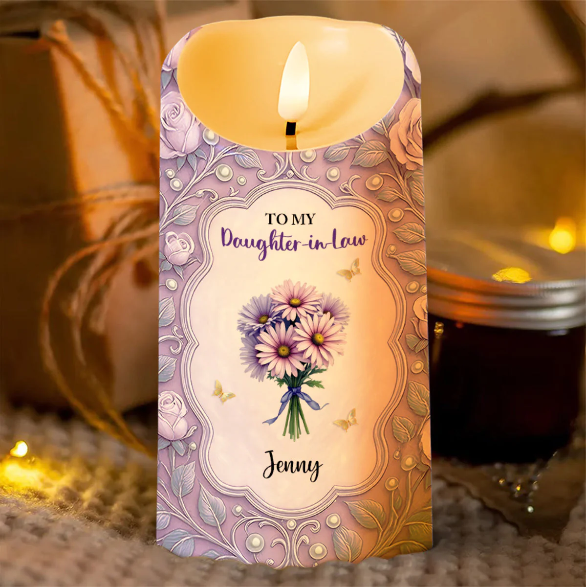 Personalized Flameless LED Candle for Daughter-in-Law, Custom Message & Flowers, Warm Glow Sentimental Gift from Mom - Image 3