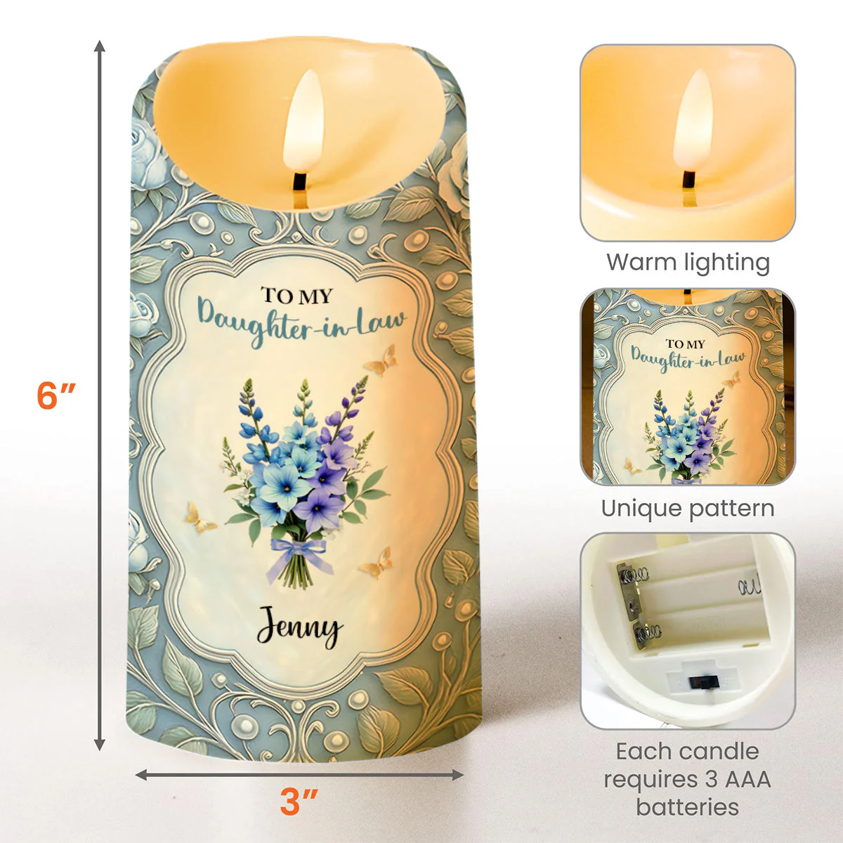 Personalized Flameless LED Candle for Daughter-in-Law, Custom Message & Flowers, Warm Glow Sentimental Gift from Mom - Image 4