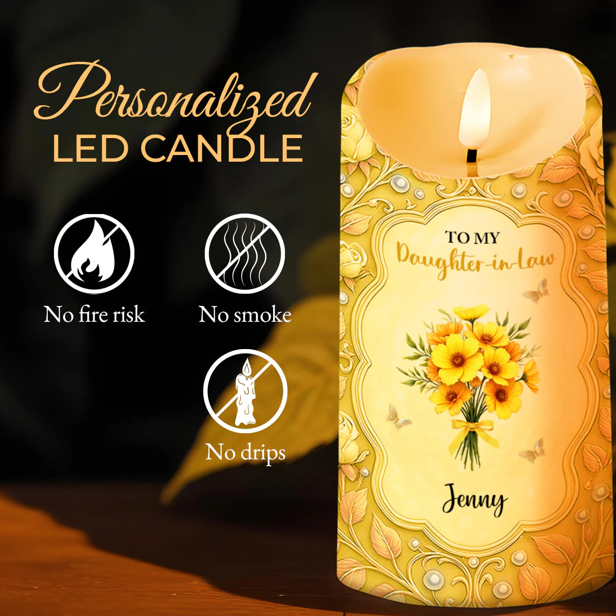 Personalized Flameless LED Candle for Daughter-in-Law, Custom Message & Flowers, Warm Glow Sentimental Gift from Mom - Image 5