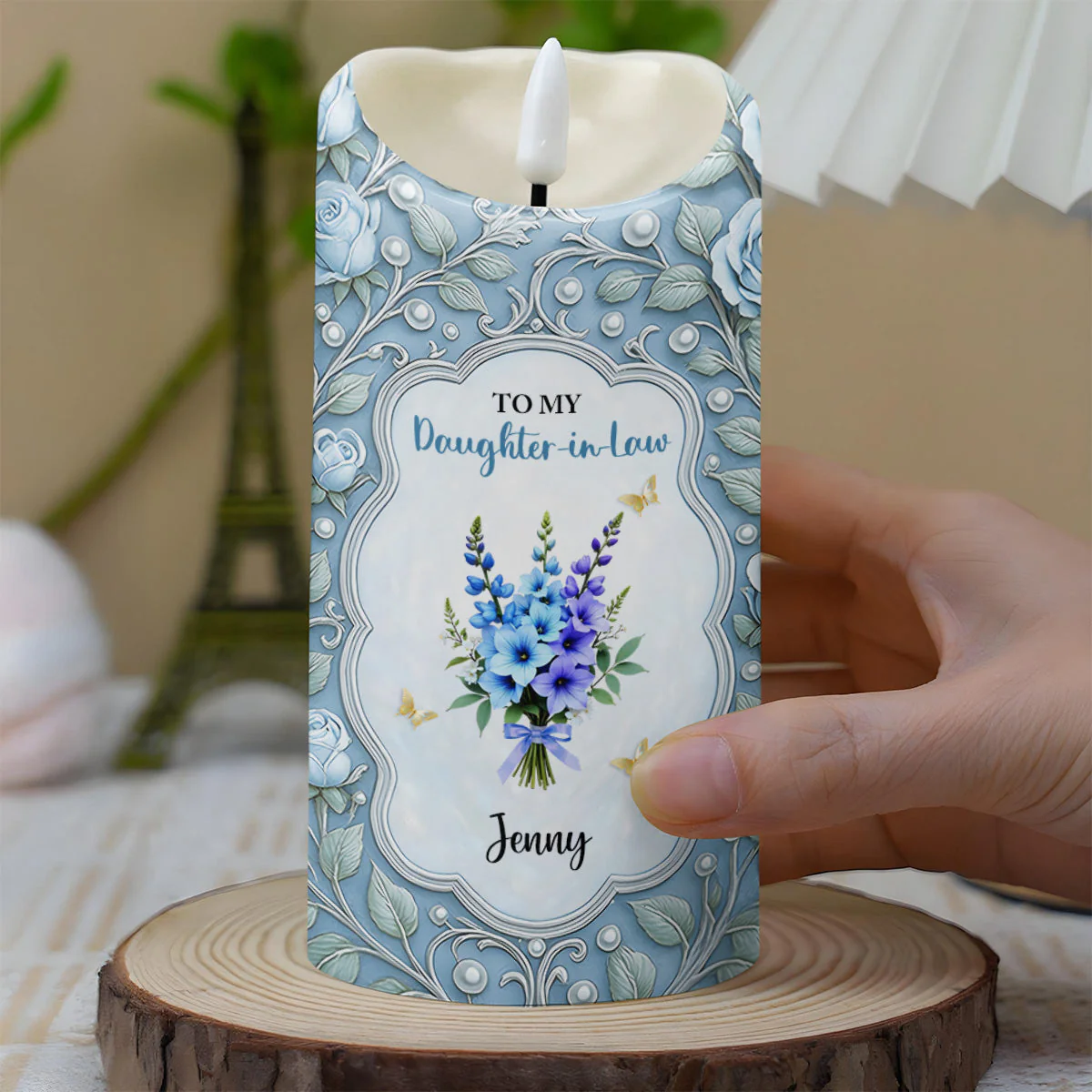Personalized Flameless LED Candle for Daughter-in-Law, Custom Message & Flowers, Warm Glow Sentimental Gift from Mom - Image 7