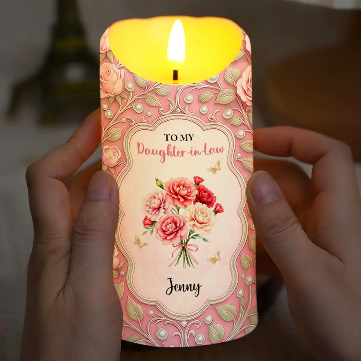 Personalized Flameless LED Candle for Daughter-in-Law, Custom Message & Flowers, Warm Glow Sentimental Gift from Mom - Image 8