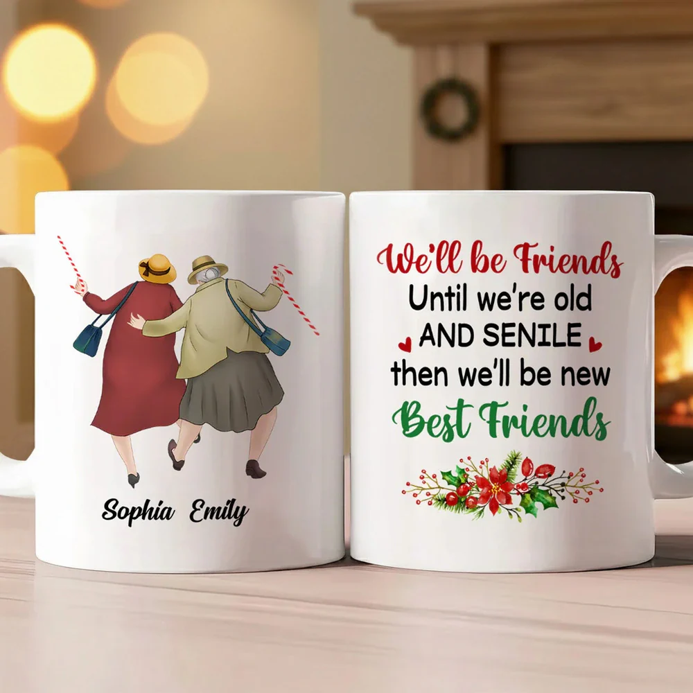 Personalized White Ceramic Mug for Best Friends – Cute Senior Ladies Design, Double Sided Print, Unique Thoughtful Gift