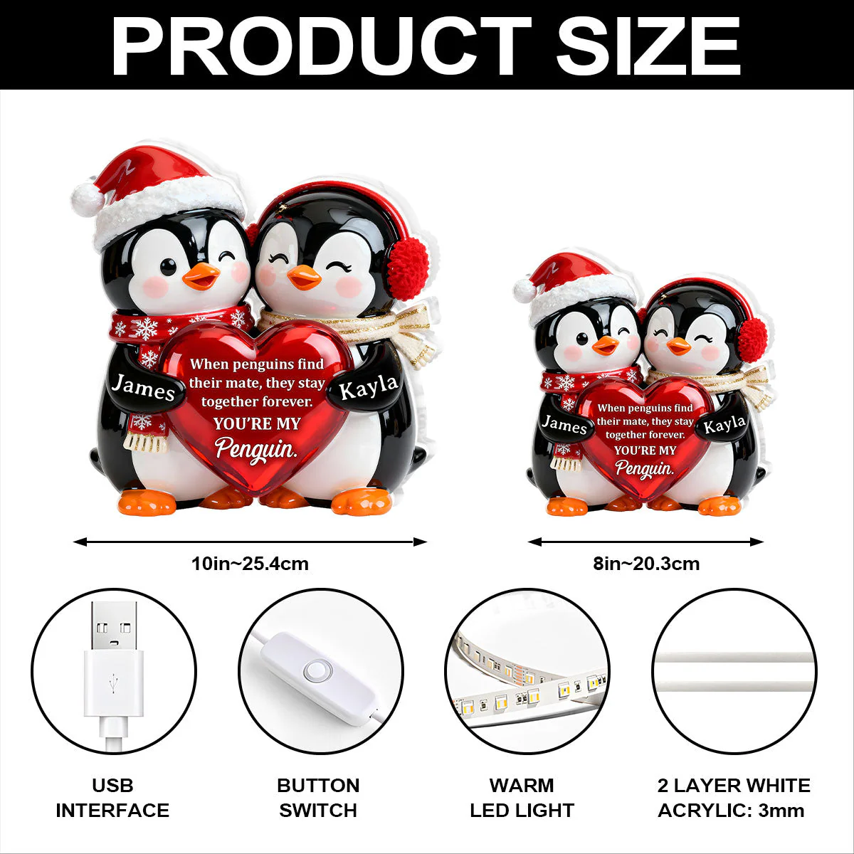Personalized Acrylic Light Box with Cute Penguin Couple, Romantic Soft Glow Keepsake, Unique Gift for Your Partner - Image 4