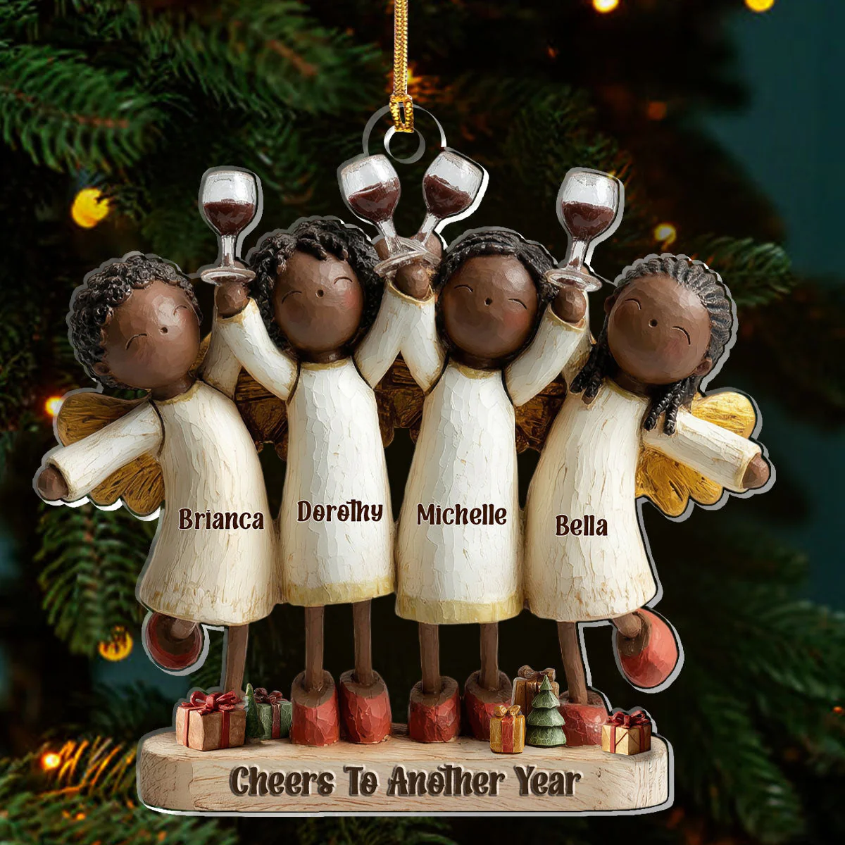 Personalized Acrylic Ornament with Four Angels Toasting – Cheers to Another Year, Festive Home Decor & Unique Christmas Gift for Friends - Image 3