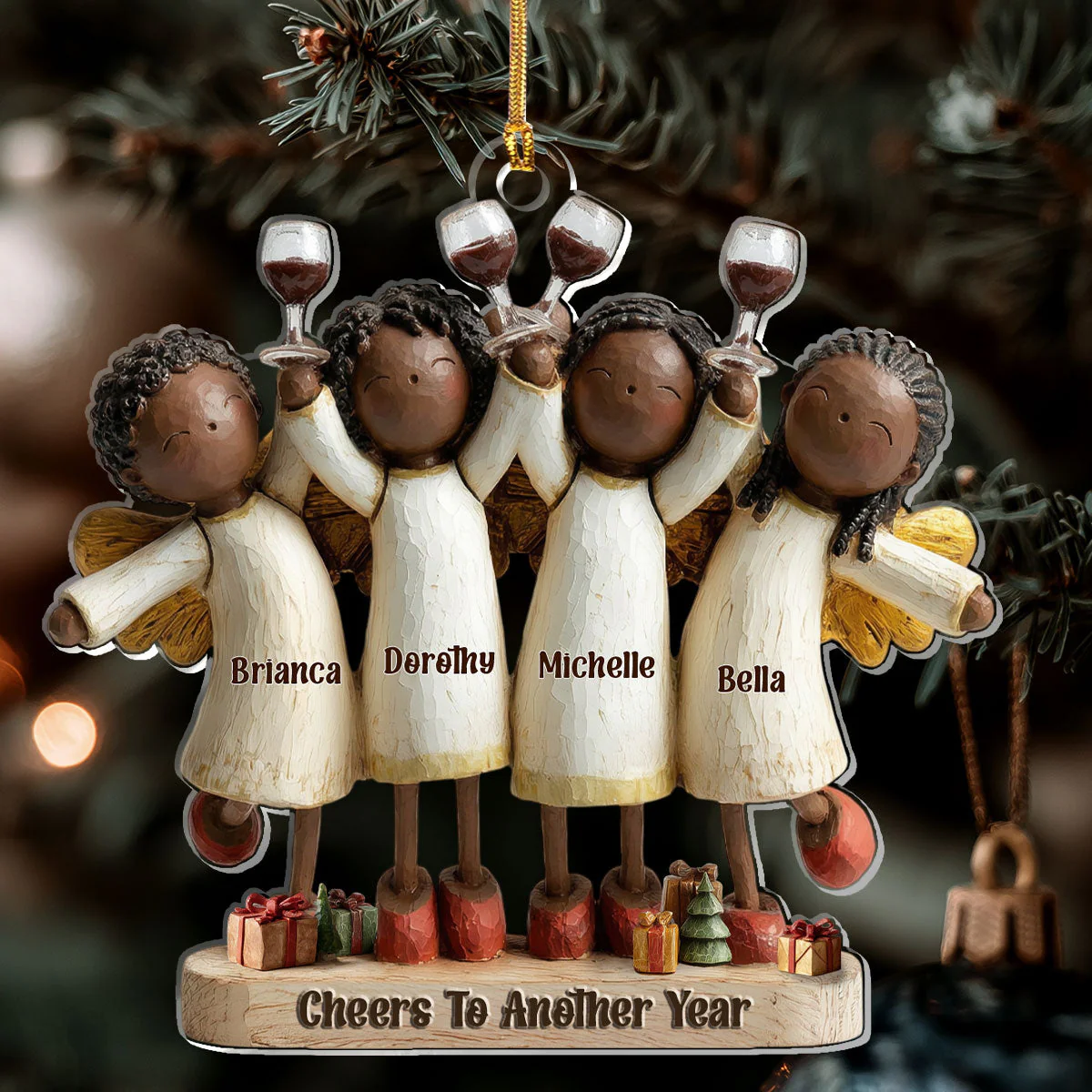 Personalized Acrylic Ornament with Four Angels Toasting – Cheers to Another Year, Festive Home Decor & Unique Christmas Gift for Friends - Image 6