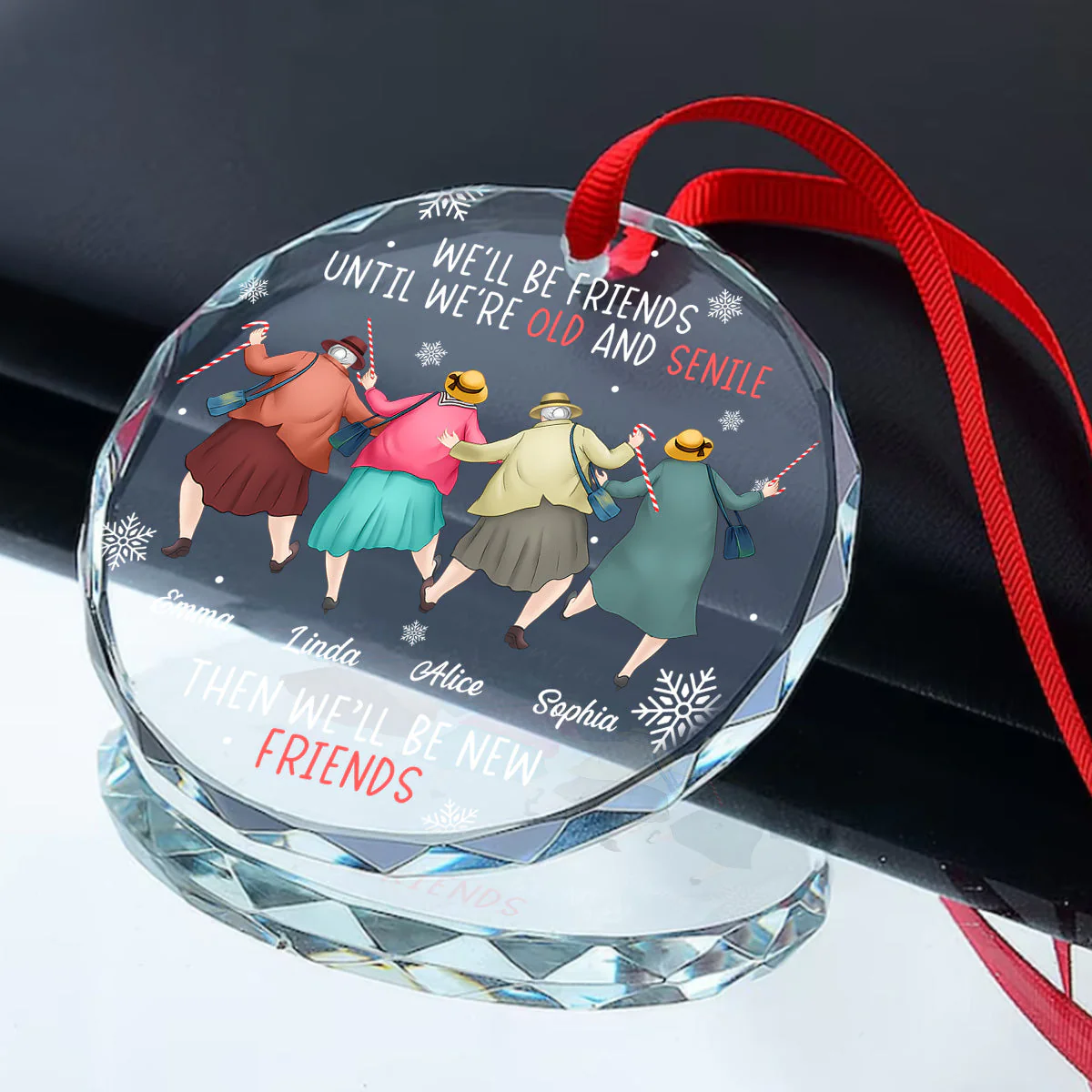 Custom Friendship Crystal Ornament - Funny Senior Friends Walking Together, Heartwarming Holiday Keepsake & Unique Gift - Image 2