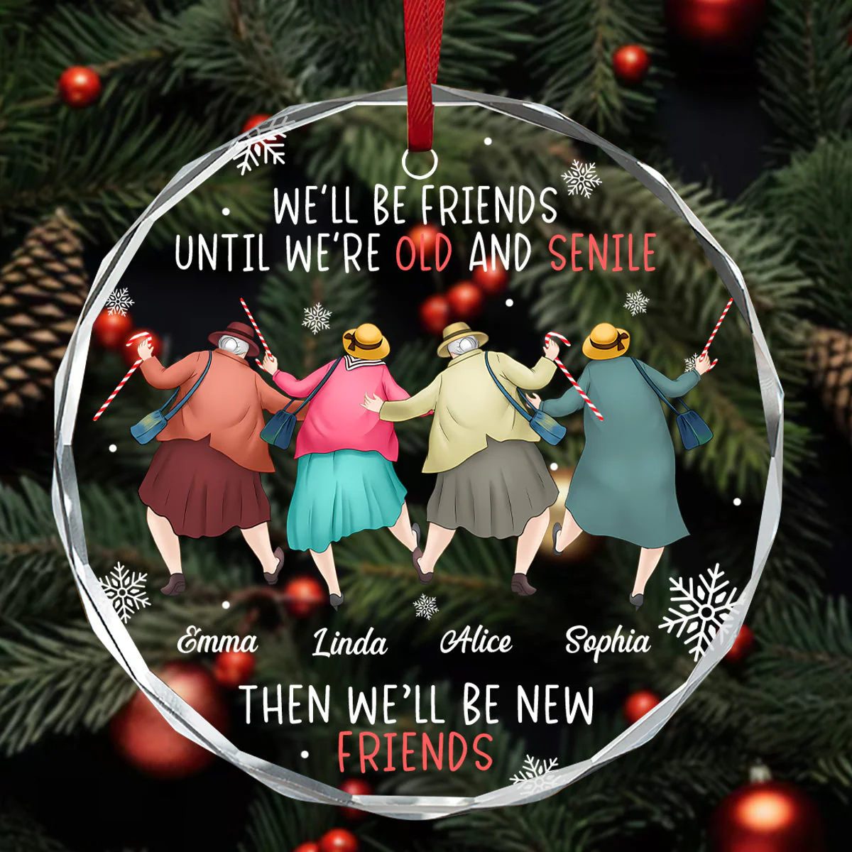 Custom Friendship Crystal Ornament - Funny Senior Friends Walking Together, Heartwarming Holiday Keepsake & Unique Gift - Image 3