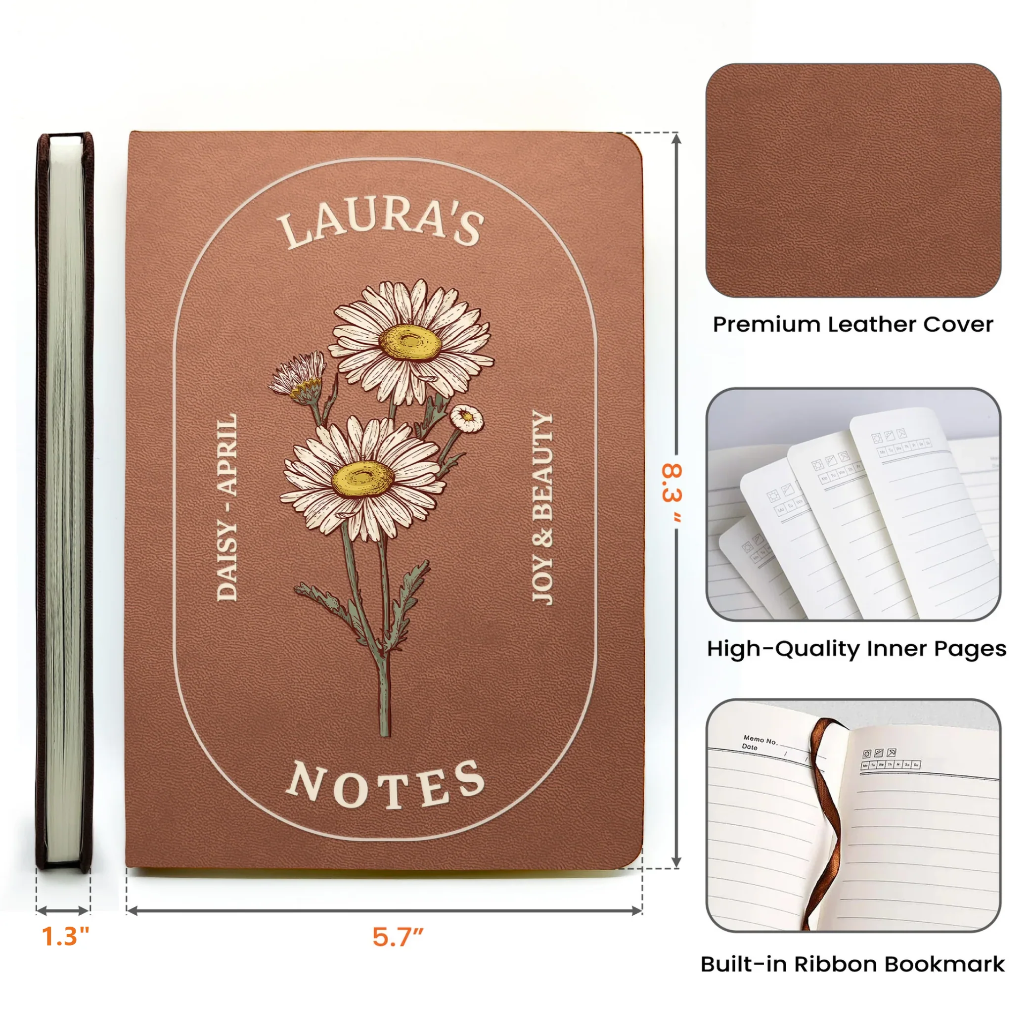 Custom Birth Flower Leather Journal – Personalized Notebook for Daily Notes, A Thoughtful Unique Gift for Women - Image 4