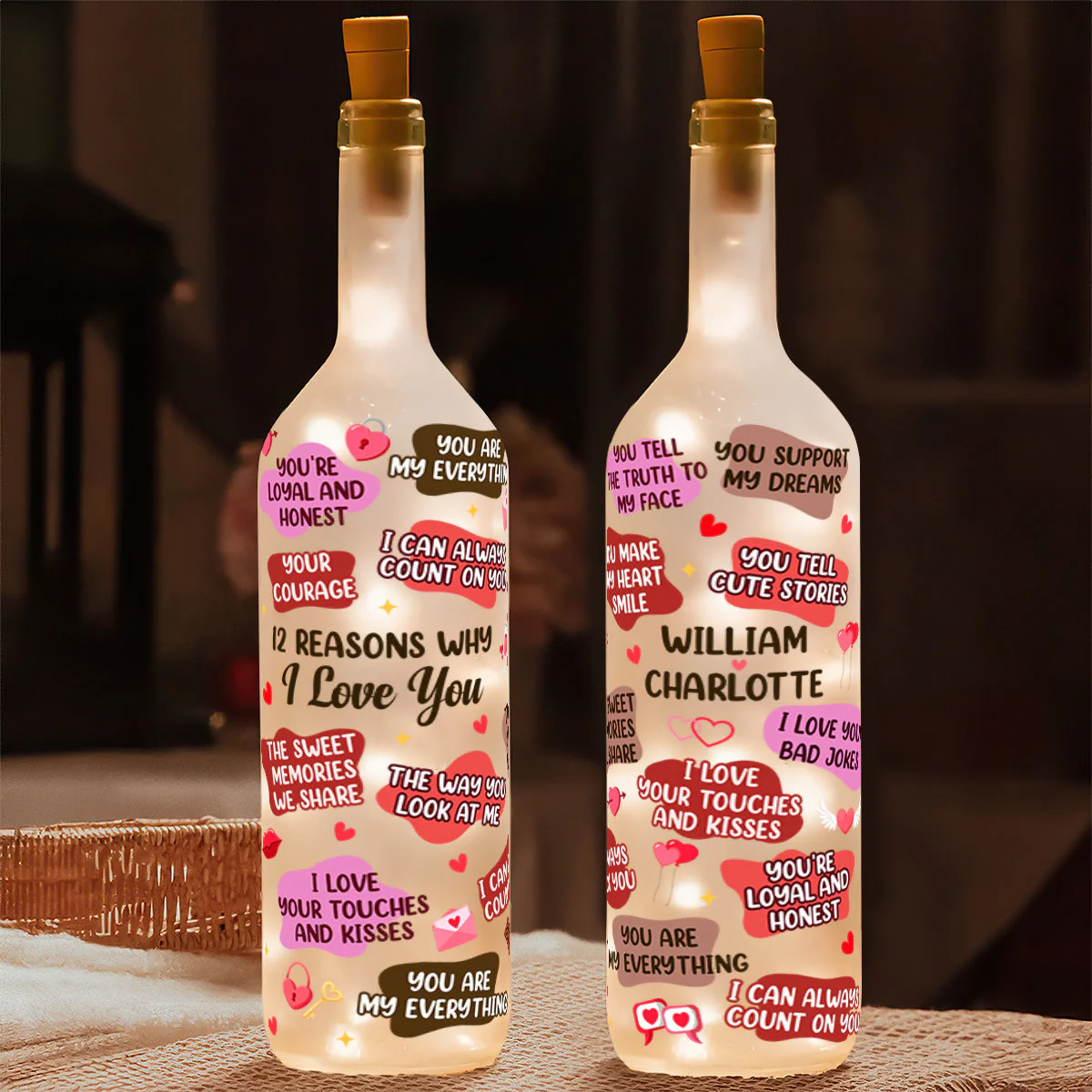 Personalized Bottle Lamp with 12 Reasons I Love You, Soft Warm Glow Bedroom Light, Unique Romantic Gift for Couples - Image 2