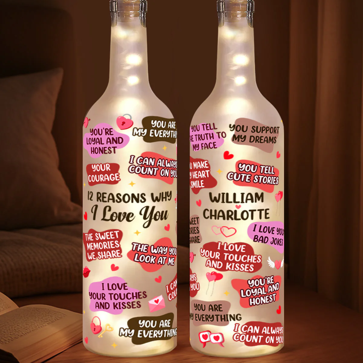 Personalized Bottle Lamp with 12 Reasons I Love You, Soft Warm Glow Bedroom Light, Unique Romantic Gift for Couples - Image 4