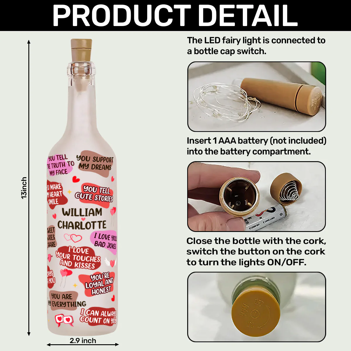 Personalized Bottle Lamp with 12 Reasons I Love You, Soft Warm Glow Bedroom Light, Unique Romantic Gift for Couples - Image 6