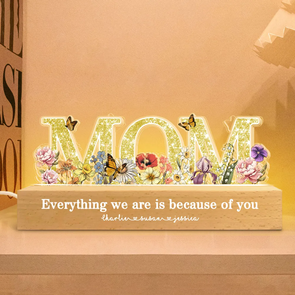 Personalized Block LED Light Plaque for Mom, Floral MOM Night Light with Custom Details, Cozy Bedroom Lamp & Heartfelt Gift - Image 2