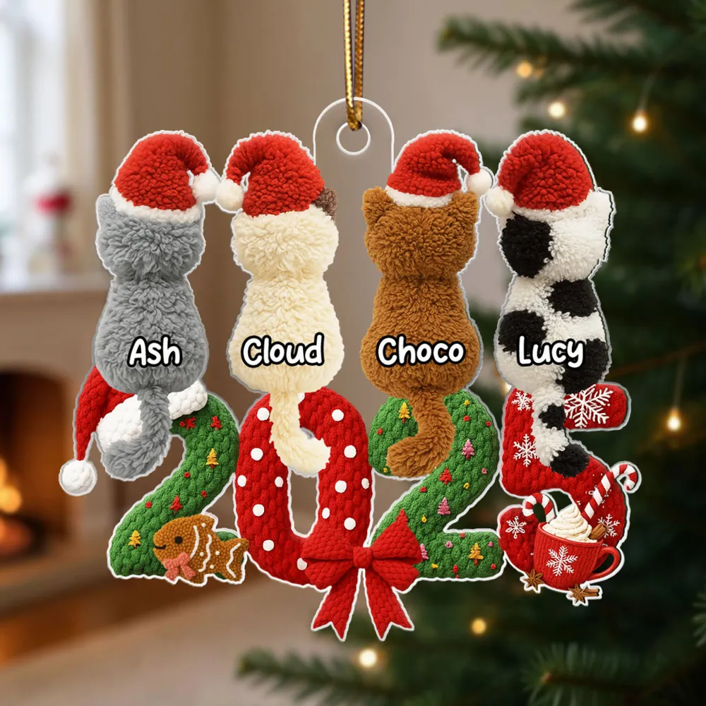 Personalized Acrylic Ornament with Santa Hat Cats – Cute Christmas Tree Decor & Unique Gift for Cat Lovers