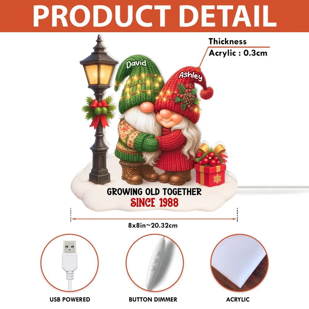 Personalized Acrylic Light Box with Gnome Couple, Cozy Bedroom Lamp for Couples, Unique Growing Old Together Gift - Image 4