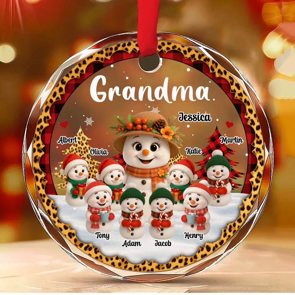 Personalized Crystal Ornament for Grandma with Cute Snowman Grandkid Scene, Festive Holiday Decor & Unique Gift - Image 3