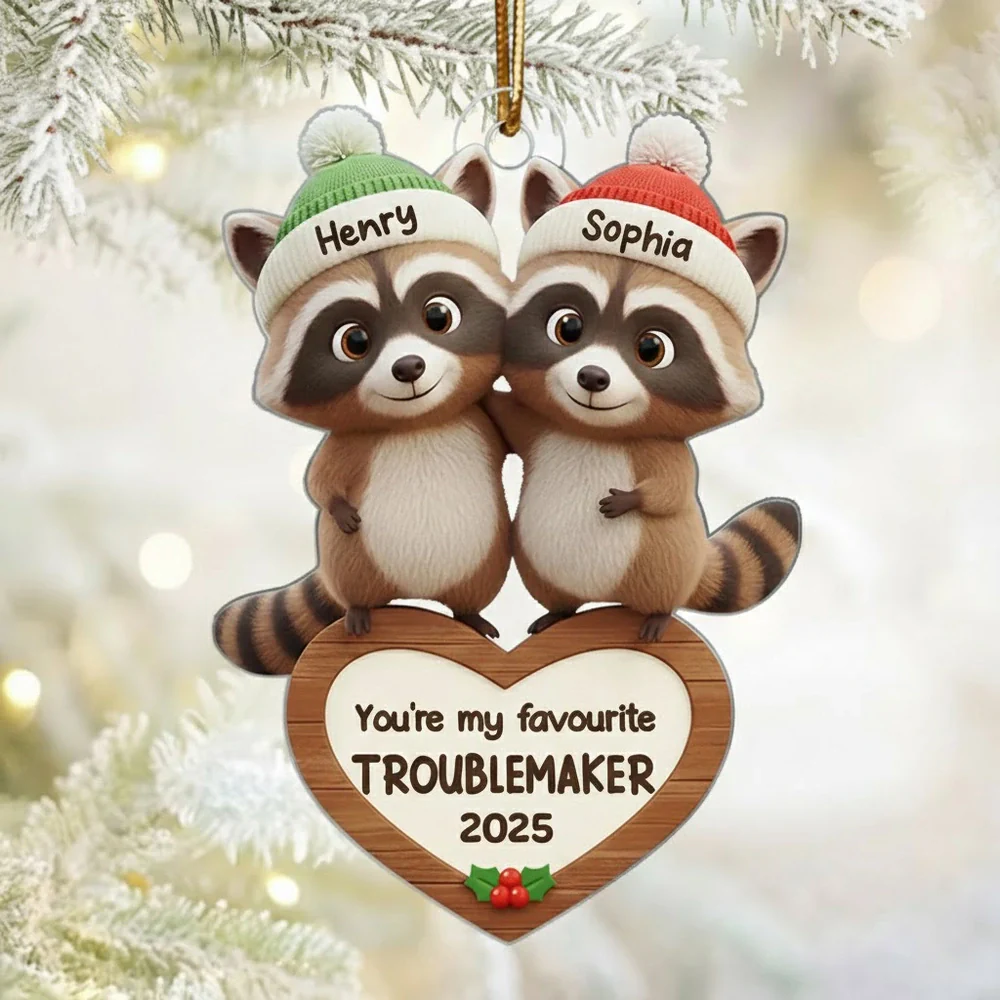 Personalized Acrylic Ornament with Raccoon Couple – Cute Favorite Troublemaker Christmas Gift for Couples & Newlyweds