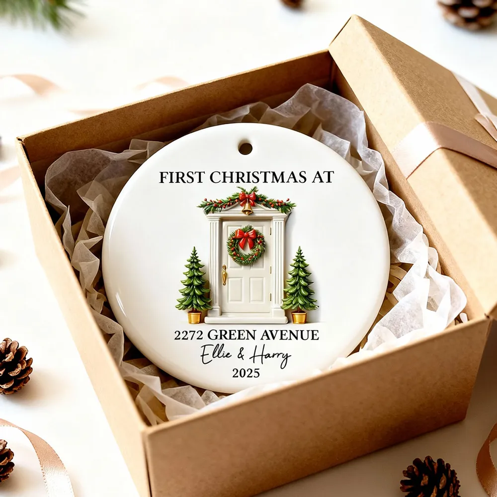 Personalized Ceramic Ornament First Christmas At New Home Door Design Unique Holiday Gift For Couples - Image 3