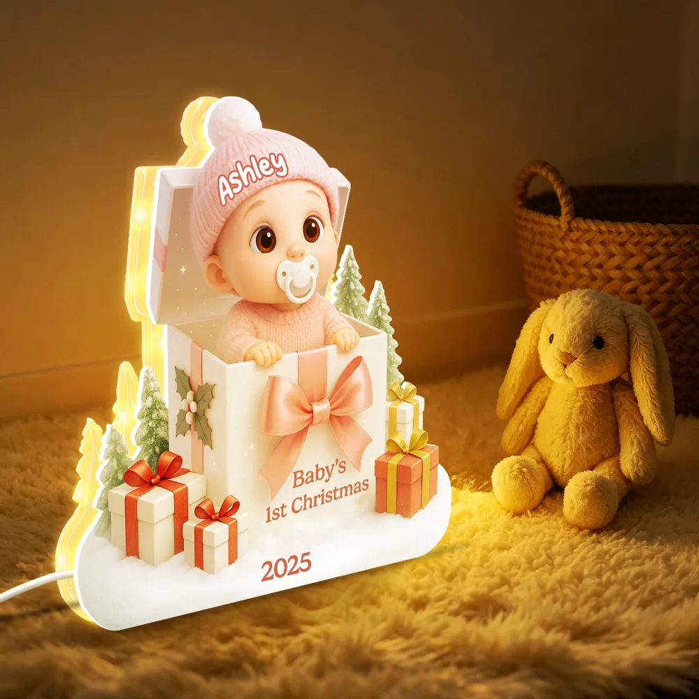 Personalized Acrylic Light Box for Baby's First Christmas – Cute Gift Box Scene, Warm Glow Nursery Lamp, Unique Keepsake Gift for New Parents - Image 3