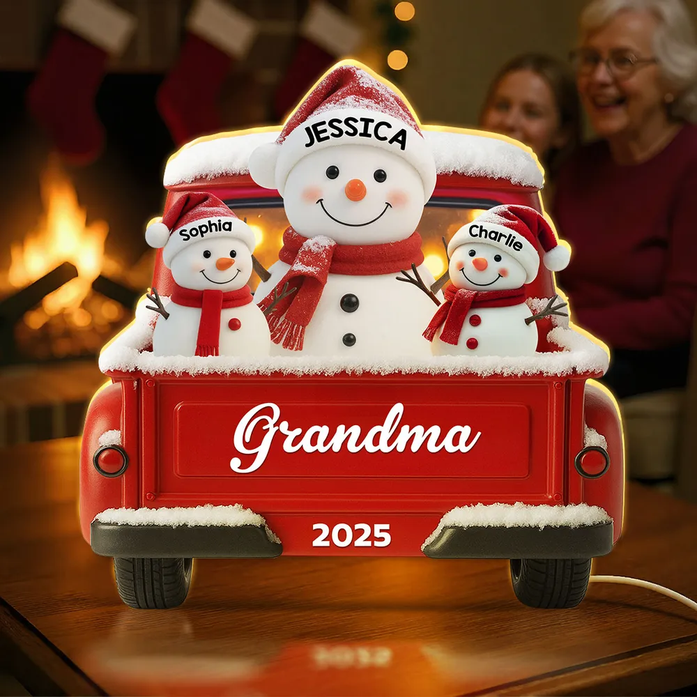 Custom Snowman Grandma & Grandkids Acrylic Light Box, Festive Red Truck Bedroom Lamp and Unique Holiday Gift for Family - Image 6