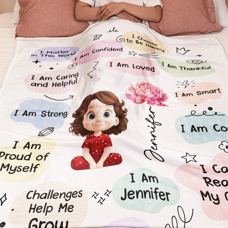 Personalized Fleece Blanket with Kids Affirmations and Cute Cartoon Girl, Pastel Nursery Throw, Unique Creative Gift for Kids - Image 5