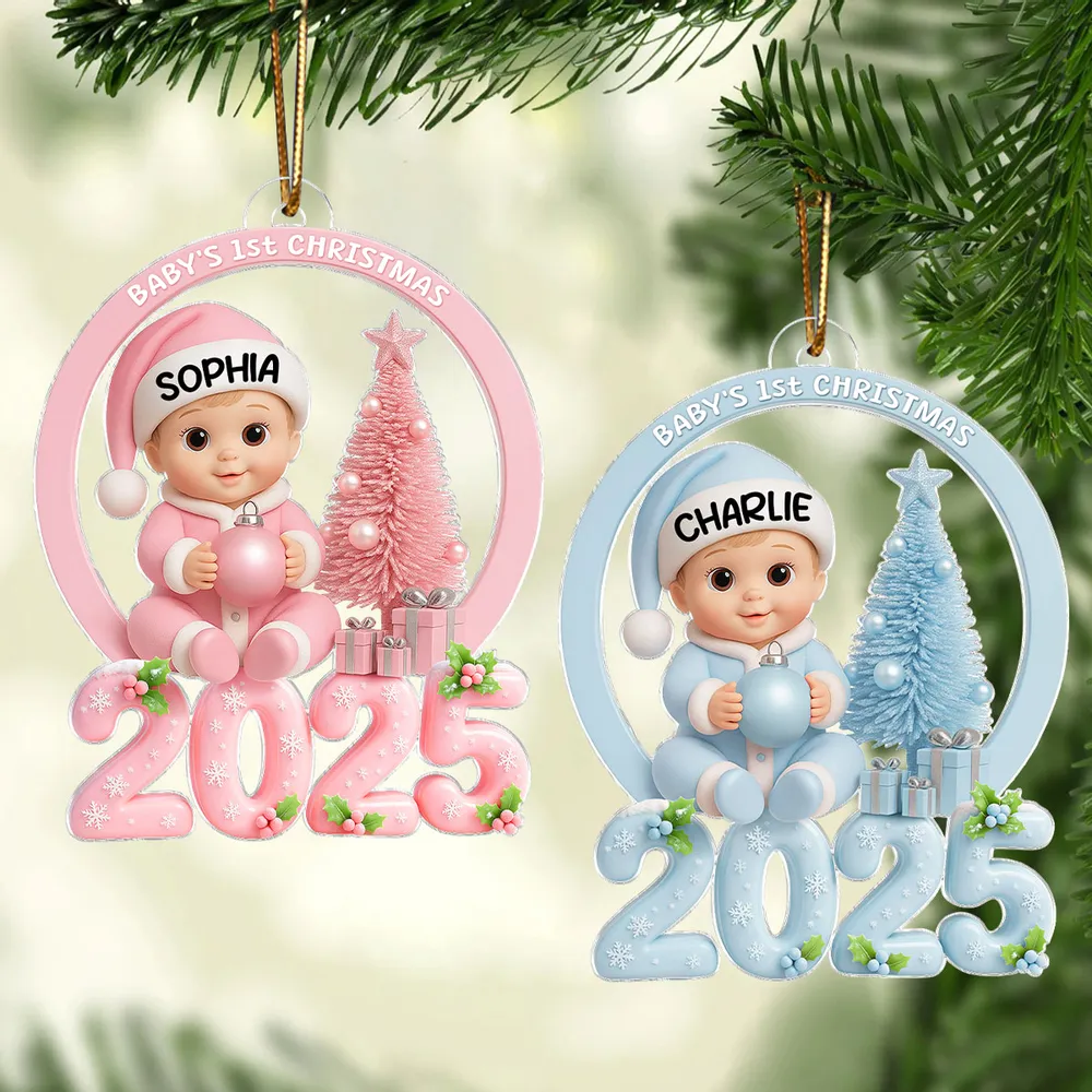 Personalized Baby First Christmas Acrylic Ornament with Pink Tree – Custom Keepsake Acrylic Ornament for Newborn – Unique Holiday Gift for New Parents - Image 2