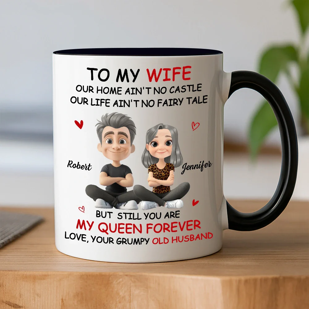 Personalized White Ceramic Mug for Wife from Husband, Cute Cartoon Couple, My Queen Forever, Unique Romantic Gift - Image 2