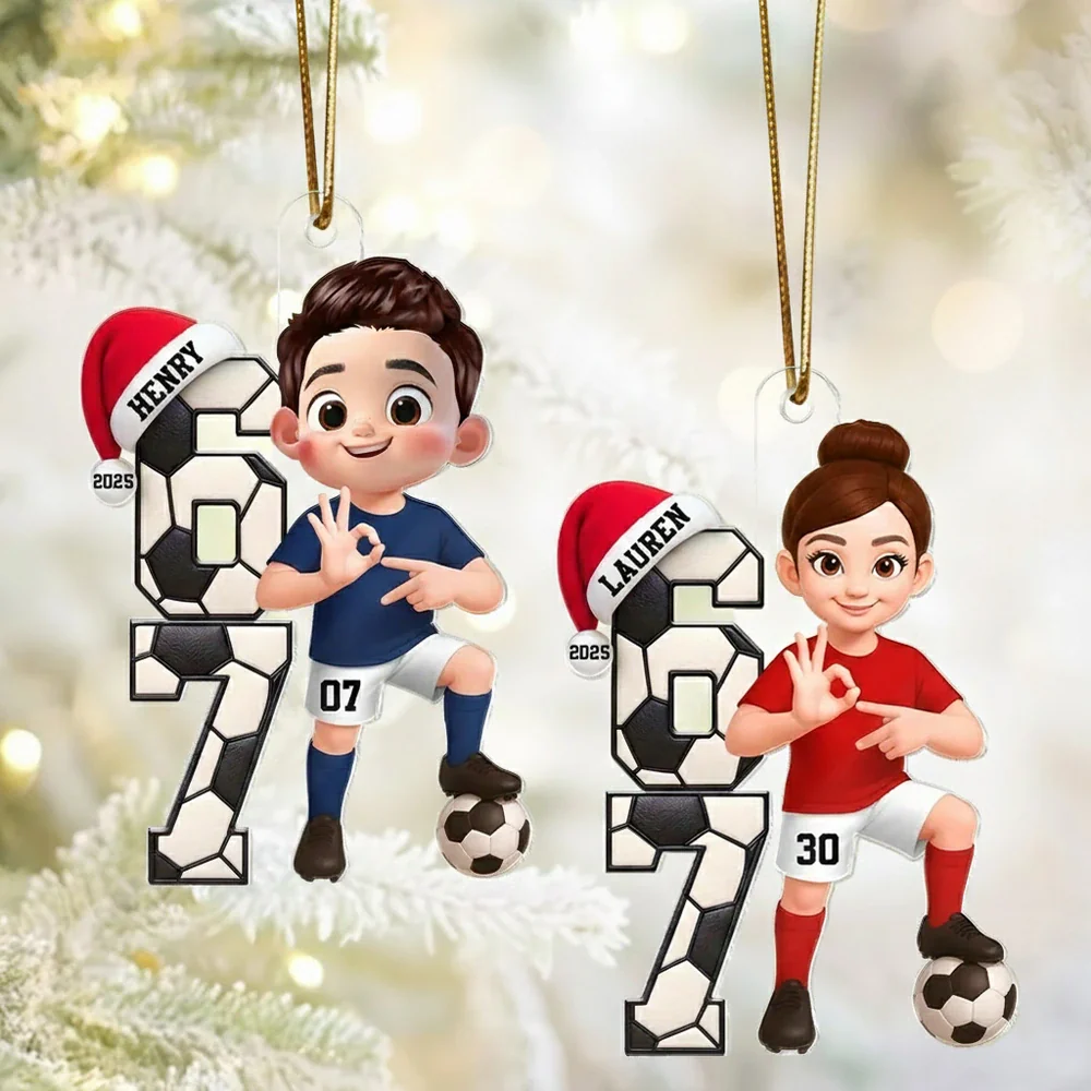 Custom Soccer Boy or Girl Acrylic Ornament – Funny Teen Slang Six Seven, Festive Holiday Decor & Creative Gift for Young Soccer Fans