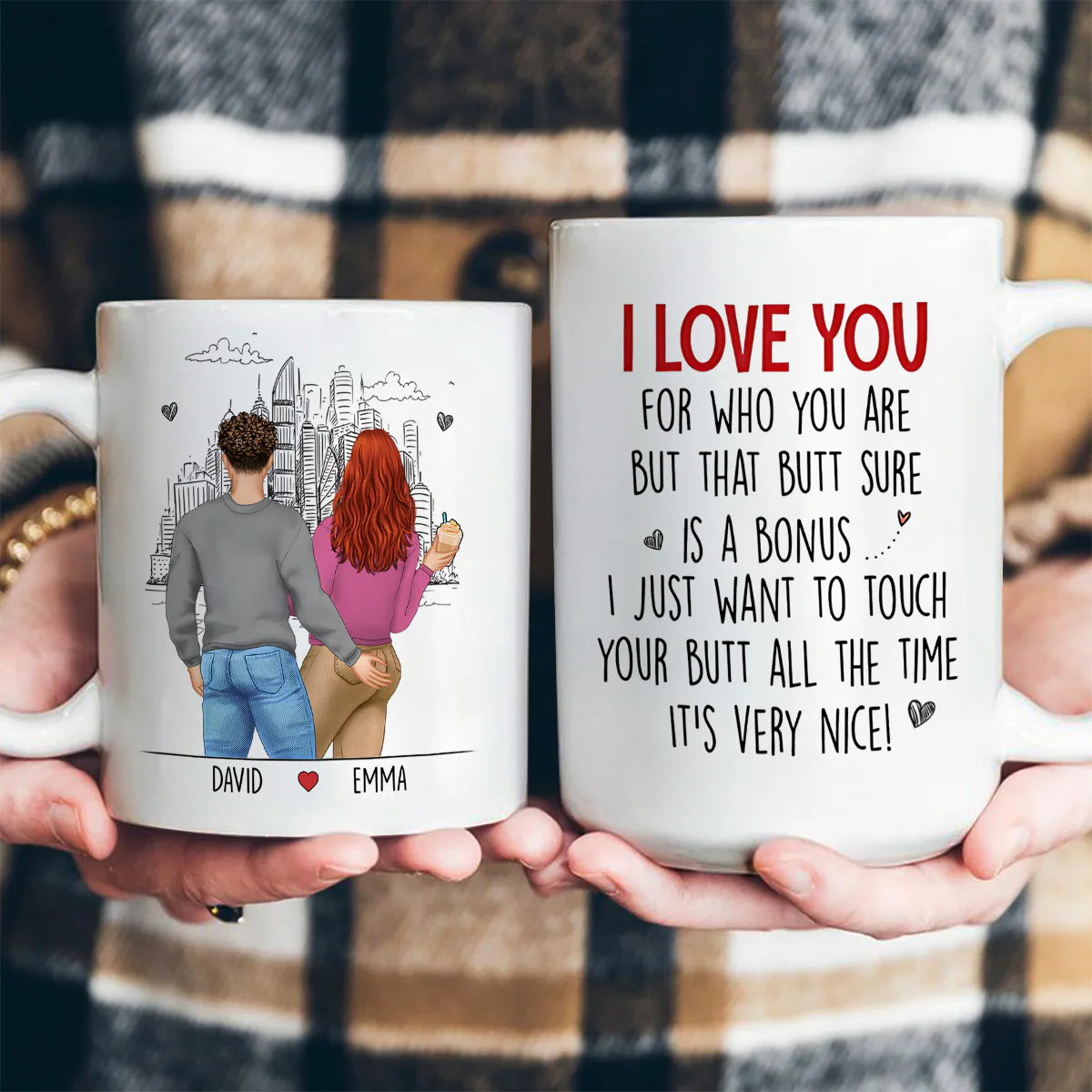 Personalized White Ceramic Mug with Hugging Couple Illustration, Funny Love Quote, Unique Romantic Gift for Partner - Image 3