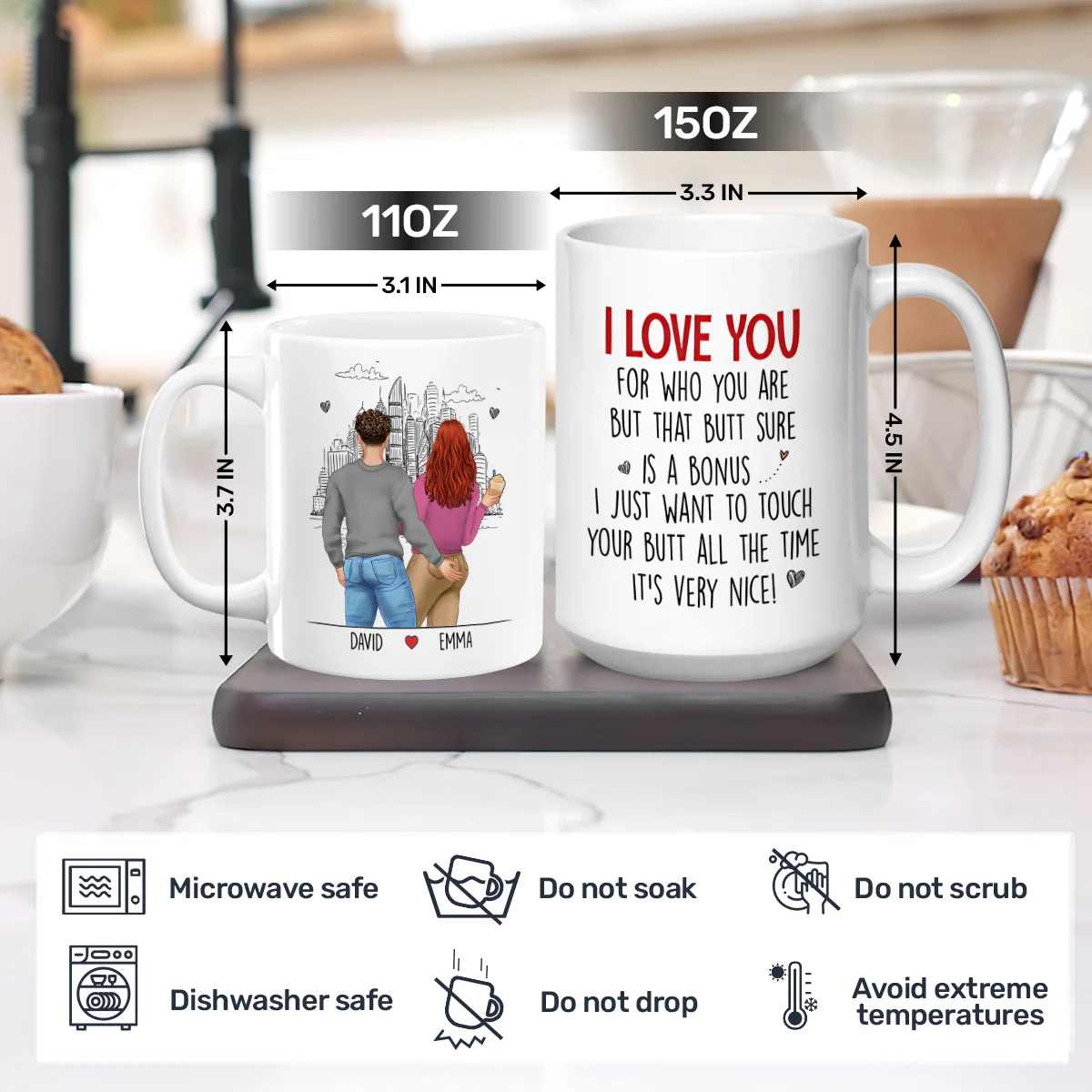 Personalized White Ceramic Mug with Hugging Couple Illustration, Funny Love Quote, Unique Romantic Gift for Partner - Image 4