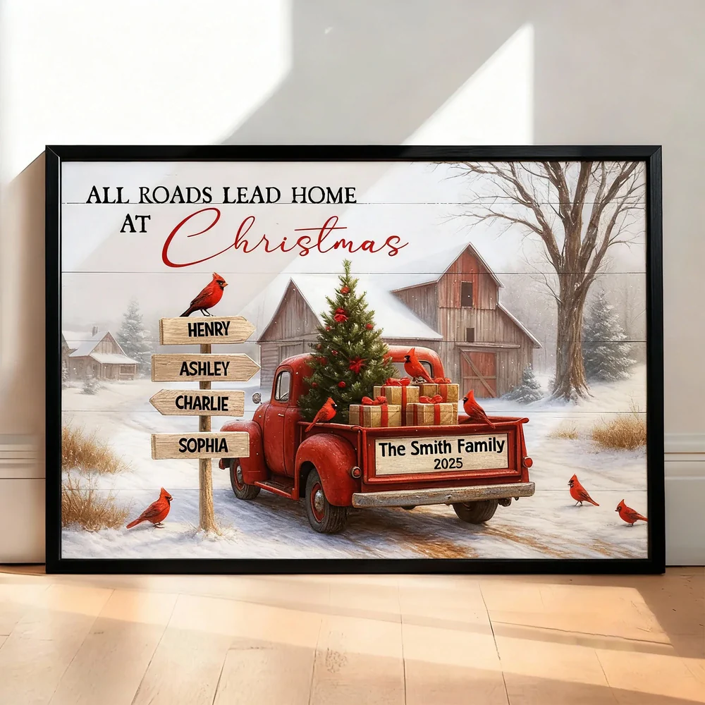 Rustic Christmas Family Poster with Custom Names, Vintage Red Truck and Winter Barn Scene