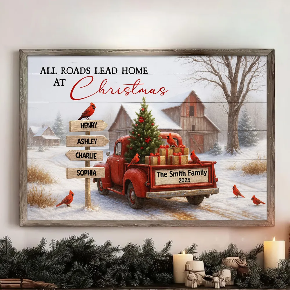 Rustic Christmas Family Poster with Custom Names, Vintage Red Truck and Winter Barn Scene - Image 3
