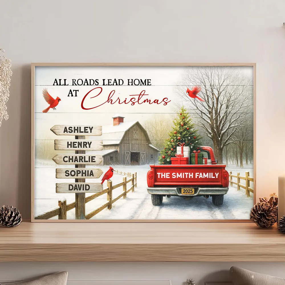 Personalized Family Christmas Poster – All Roads Lead Home at Christmas Red Truck Farmhouse Wall Art - Image 3