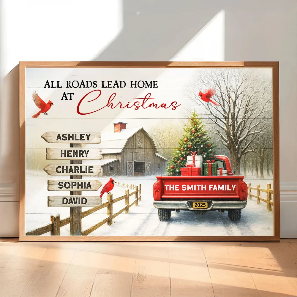 Personalized Family Christmas Poster – All Roads Lead Home at Christmas Red Truck Farmhouse Wall Art - Image 8