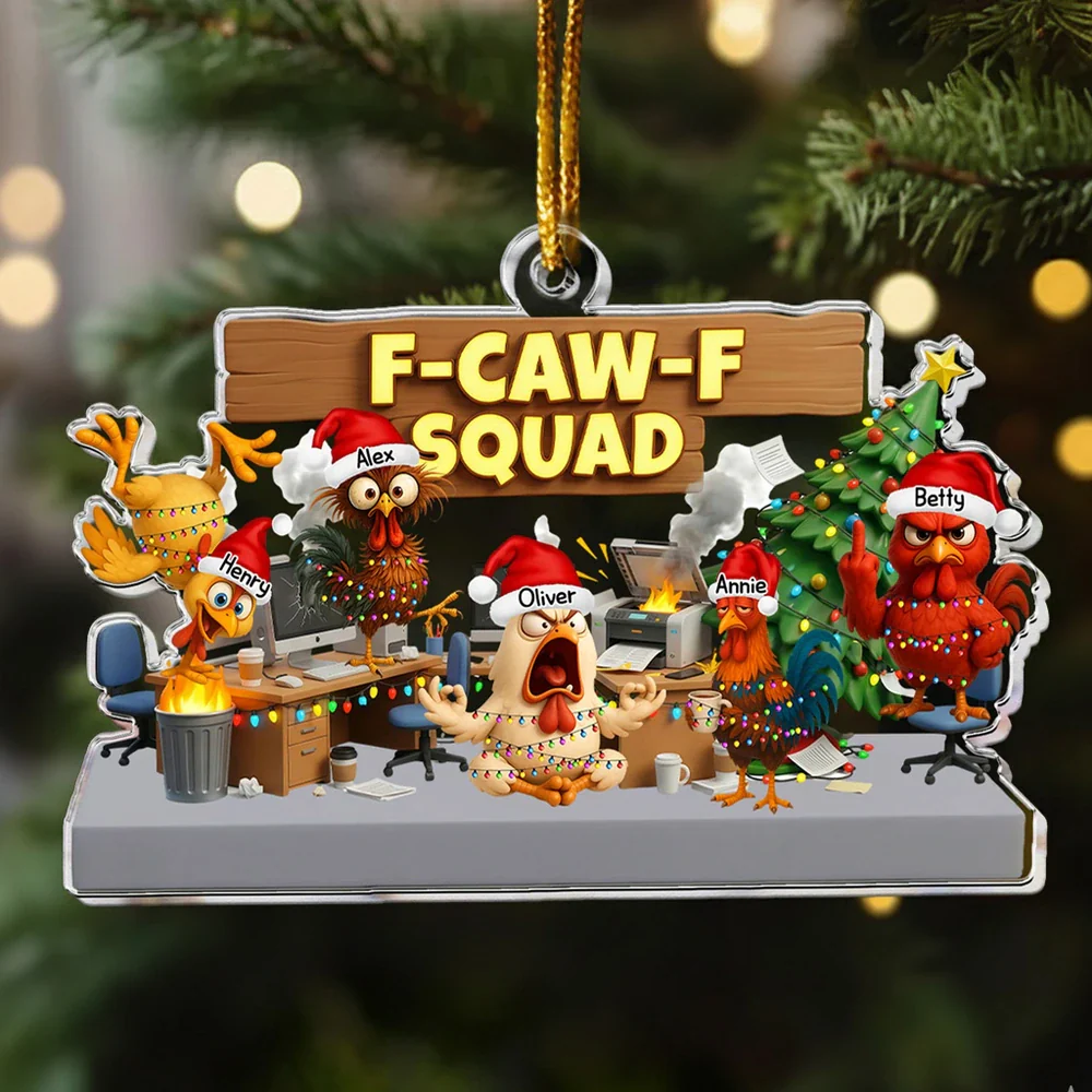 Custom F-Caw-F Squad Acrylic Ornament with Hilarious Office Chickens Christmas Tree Scene Unique Secret Santa Gift for Work Friends
