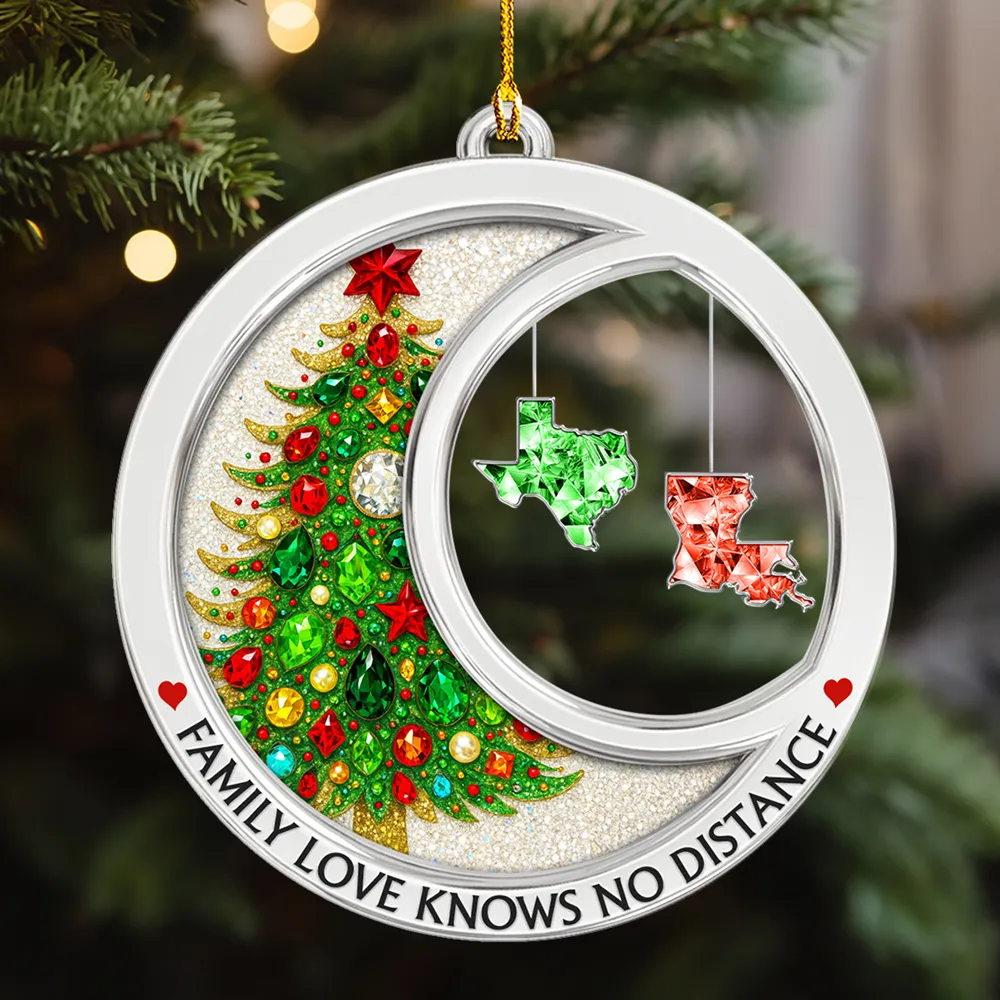 Personalized Acrylic Ornament with Gemstone Christmas Tree & States – Family Love Knows No Distance, Unique Holiday Gift - Image 3