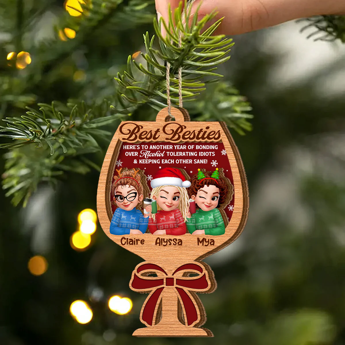 Personalized 2-Layer Wooden Ornament for Best Friends, Cute Christmas Sweater Trio Design, Unique Holiday Gift Keepsake - Image 2