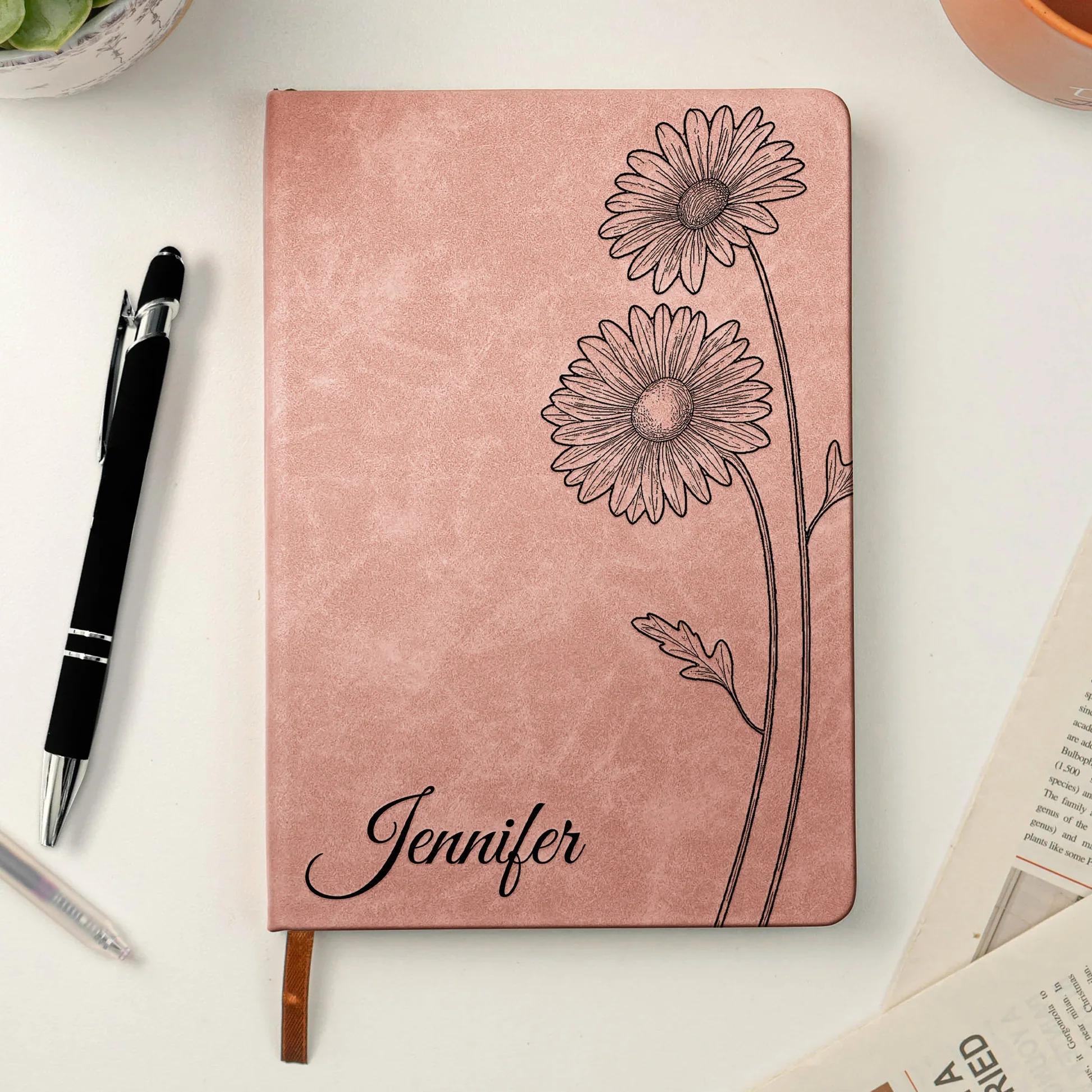 Personalized Leather Journal with Birth Flower Design – Custom Name Notebook Keepsake, Thoughtful Unique Gift for Her - Image 2