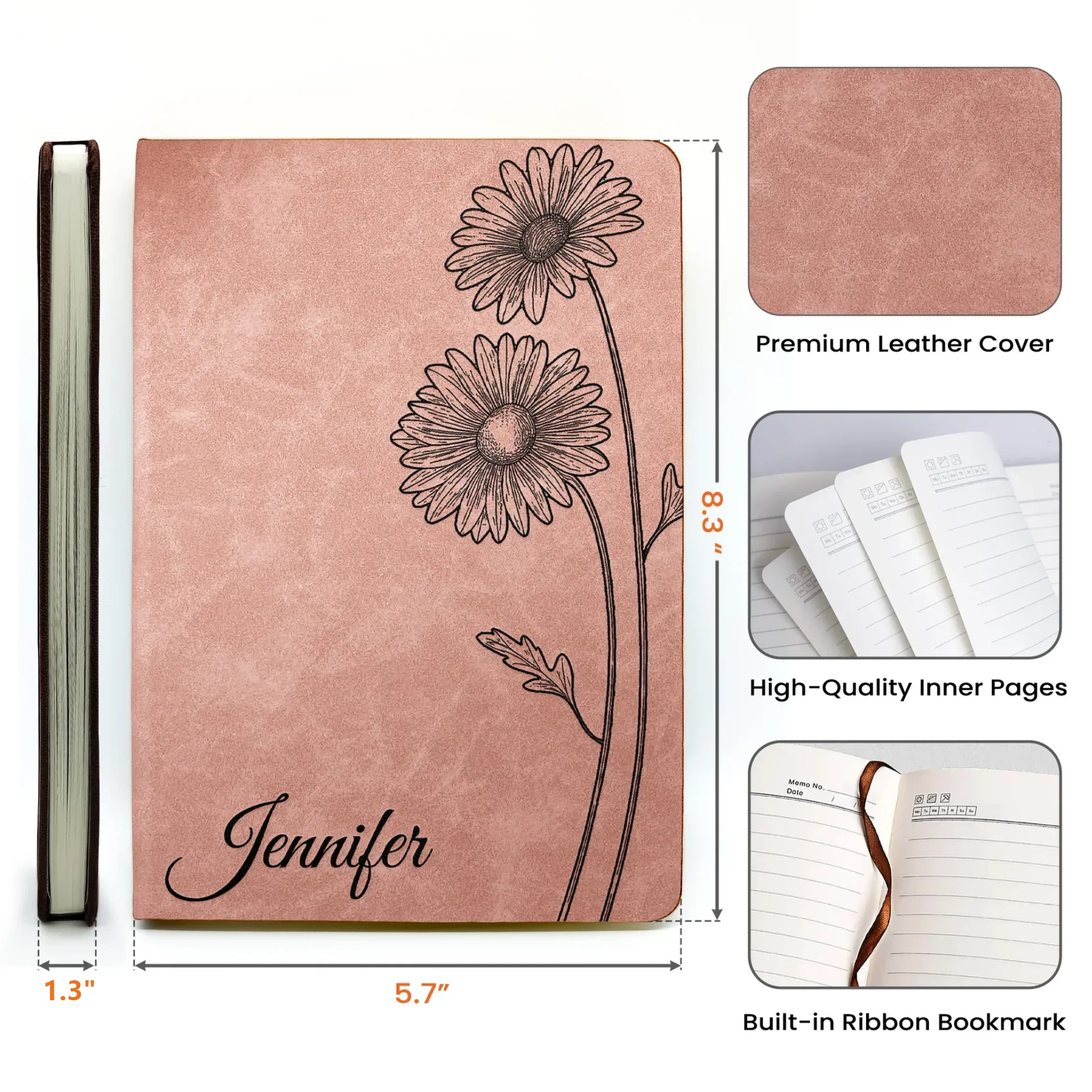 Personalized Leather Journal with Birth Flower Design – Custom Name Notebook Keepsake, Thoughtful Unique Gift for Her - Image 4